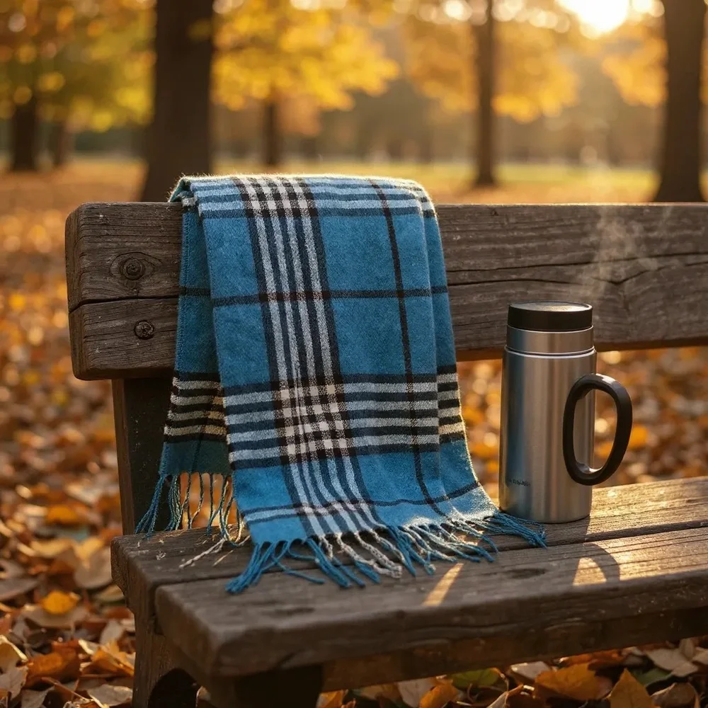 Blue and Black Plaid Cashmere Scarf
